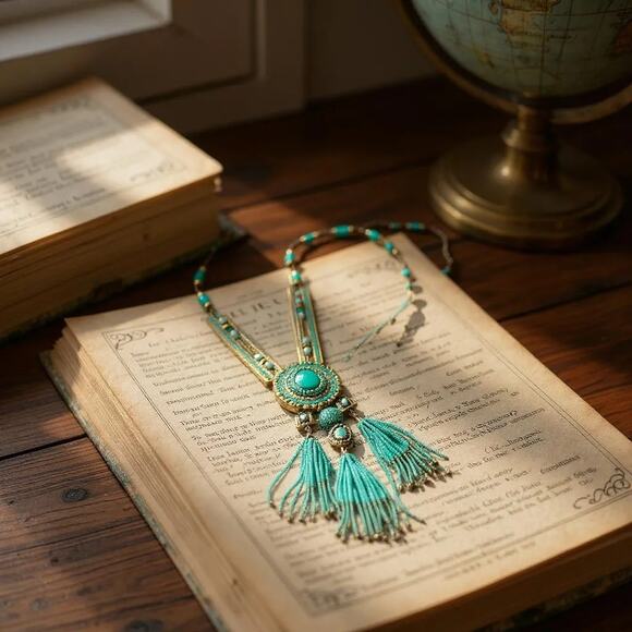 CHICO'S Boho Statement Necklace – Turquoise Fringe Tribal Beaded Medallion - Picture 12 of 13